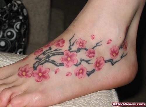Color Cherry Blossom Flowers Left Foot Tattoo