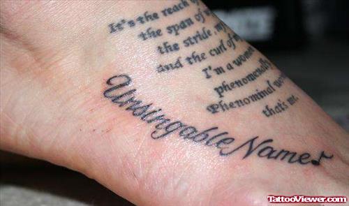 Amazing Black Ink Lettering Foot Tattoo