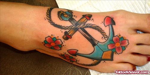 Cherry Blossom Flower And Anchor Foot Tattoo