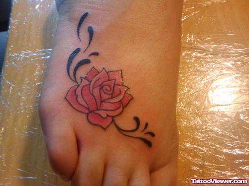 Black Tribal And Red Rose Foot Tattoo