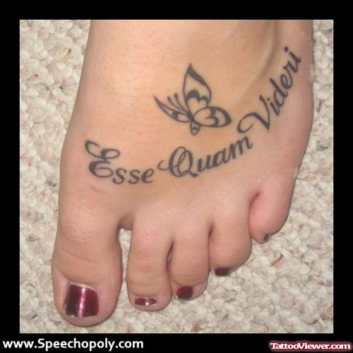 Butterfly And Lettering Foot Tattoo