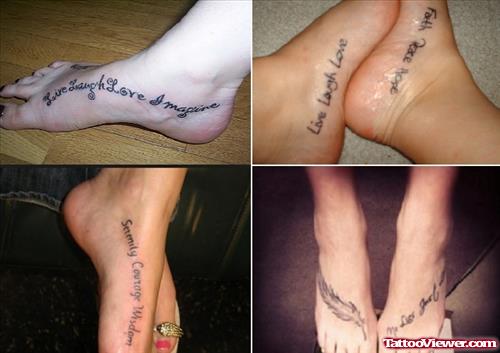 Lettering And Feather Foot Tattoos Designs