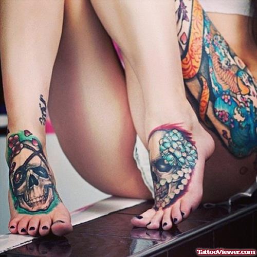 Skulls And Flowers Foot Tattoos