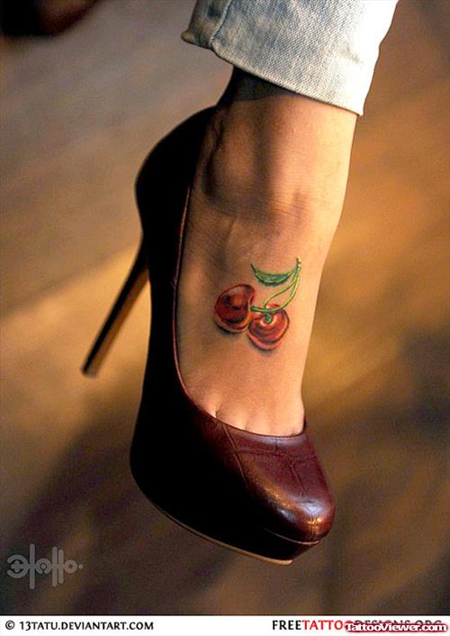 Red Ink Cherry Tattoos On Girl Foot
