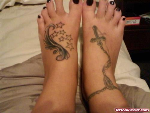 Grey Ink Rosary Cross And Stars Tattoos On Feet