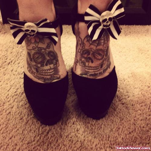 Grey Ink Skulls Foot Tattoo
