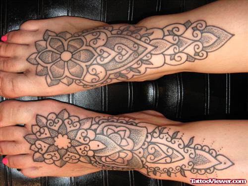 Beautiful Grey Ink Geometric Dotwork Foot Tattoo