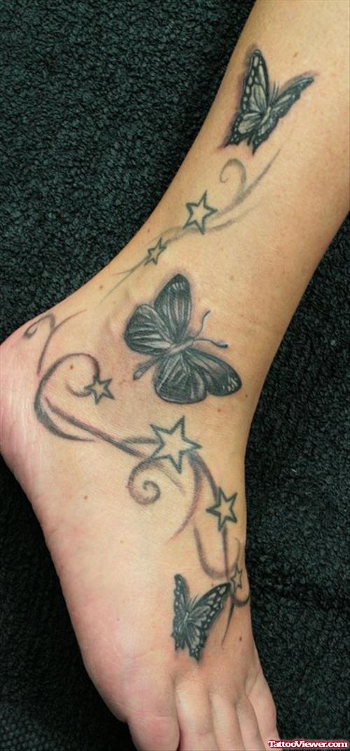 Grey Ink Butterflies Foot Tattoo