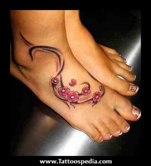 Cute Cherry Blossom Flowers Foot Tattoo