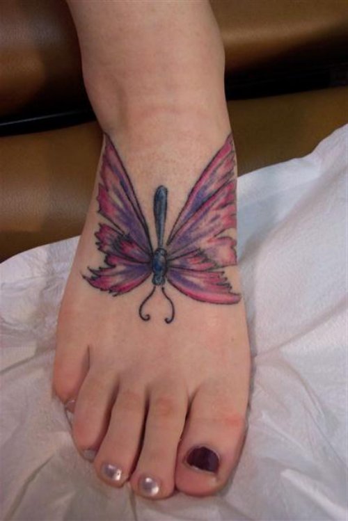 Awesome Color Butterfly Foot Tattoo For Girls