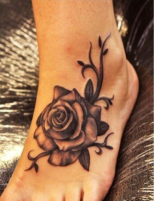 Grey Ink Rose Flower Tattoo On Left Foot