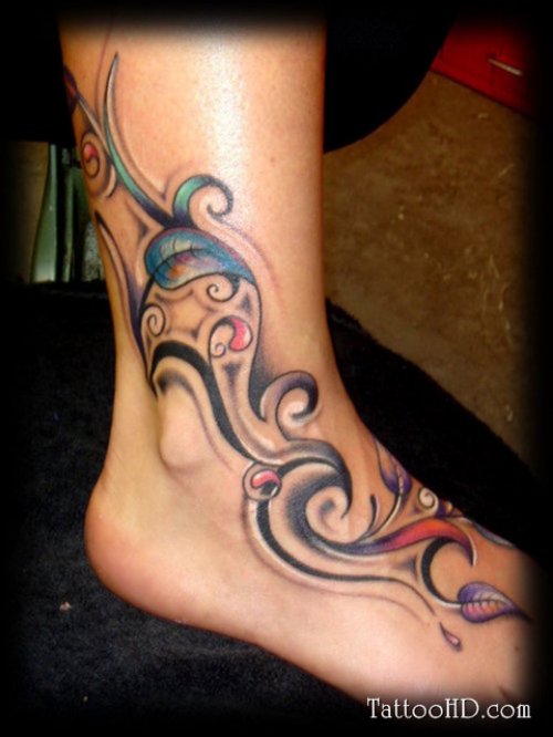 Tribal And Swirl Foot Tattoo