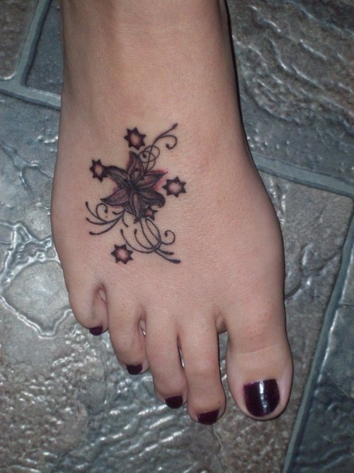 Grey Ink Stars And Flower Foot Tattoo For Girls