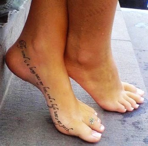Lettering Tattoo On Girl Left Foot