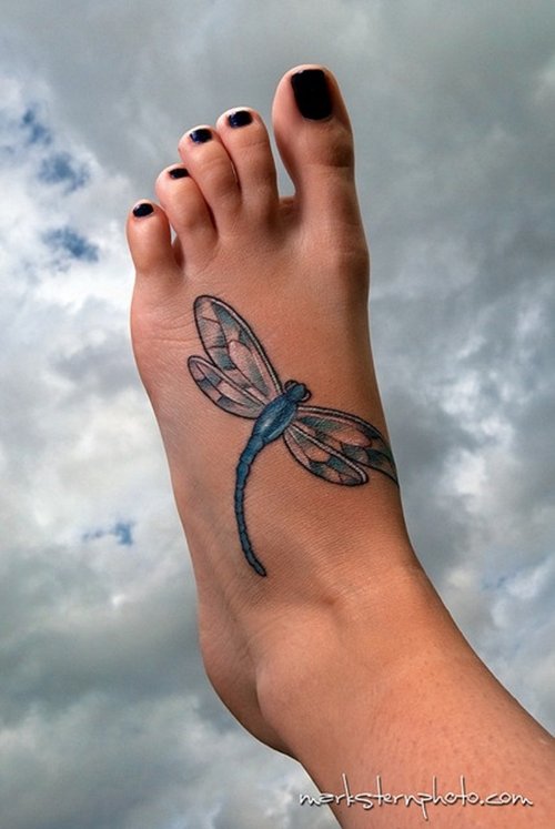 Blue Ink Dragonfly Foot Tattoo