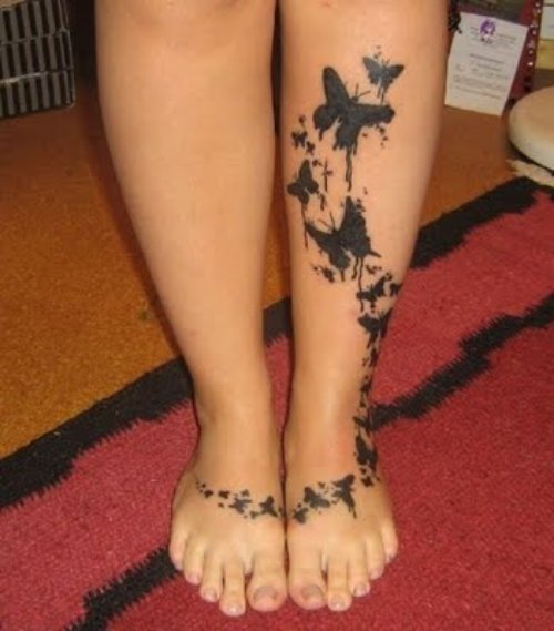 Black Ink Butterflies Tattoos On Left Leg