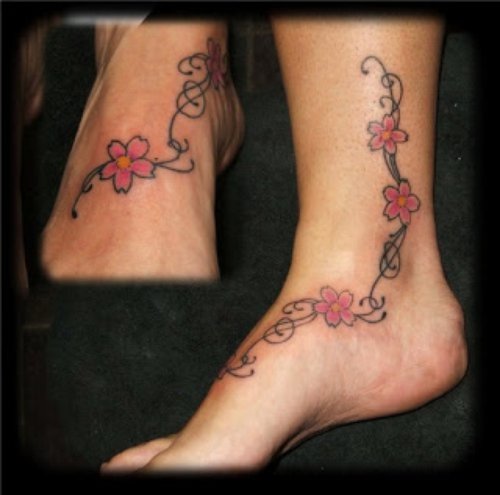 Color Cherry Blossom Foot Tattoo