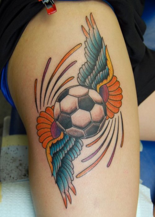 Winged Football Tattoo On Right Leg