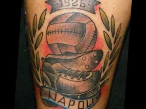 Grey Ink Banner And Football Logo Tattoo