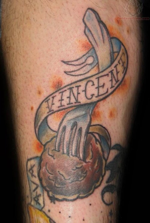 Vincent Banner And Fork Tattoo