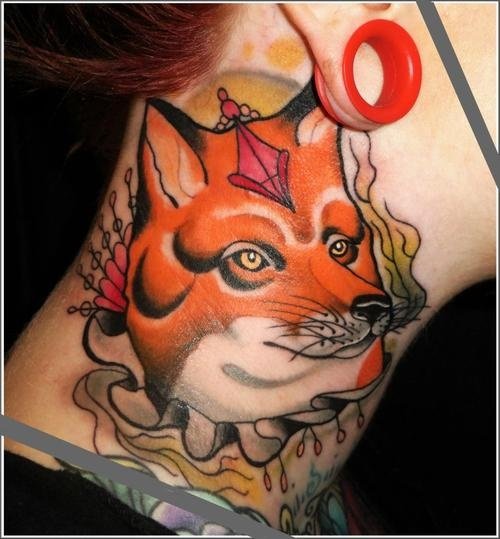 Color Ink Fox Head Tattoo On Side Neck