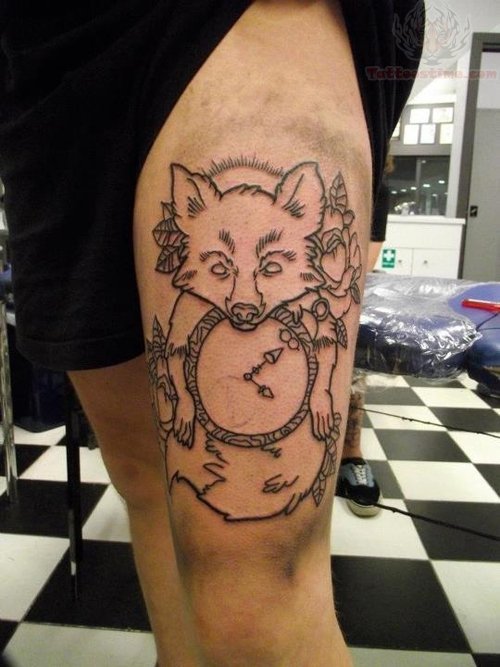 Fox And Compass Outline Tattoo On Thigh