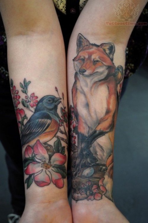 Sparrow And Fox Tattoos On Arm