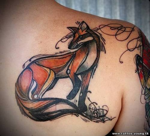 Amazing Color Ink Fox Tattoo On Right Back Shoulder