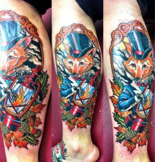 Colorful Fox With Lamp Tattoo On Leg