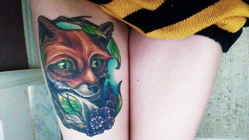 Fox Head Tattoo On Girl Right Thigh