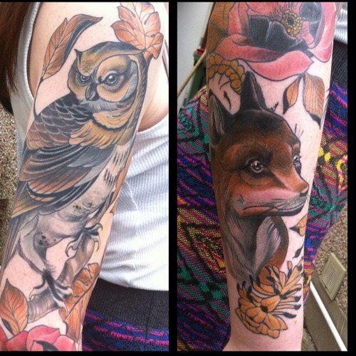 Amazing Color Ink Fox Tattoo On Man Left Sleeve