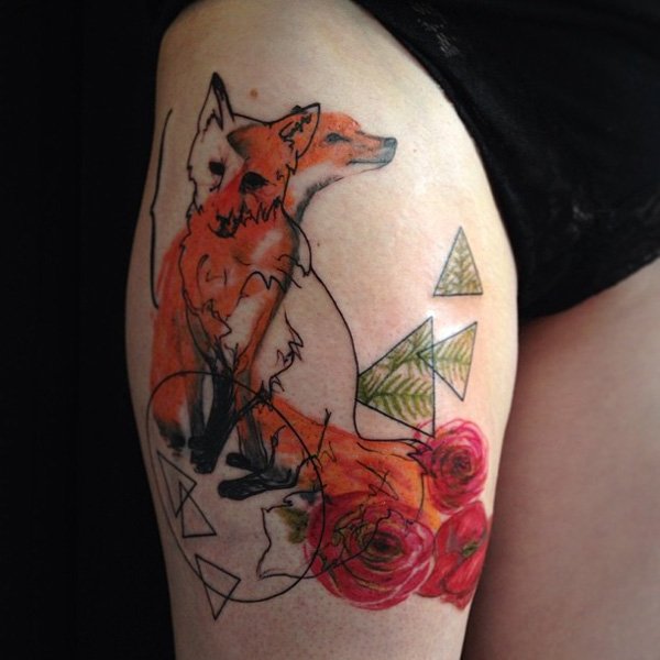 Water color Flowers And Fox Tattoo On Right Thigh