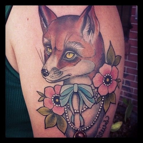 Color Flowers and Fox Head Tattoo On Left Shoulder