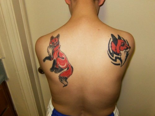Colored Fox Tattoos On Back Shoulders