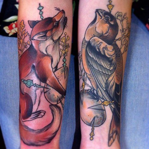 Bird and Fox Tattoos On Both Sleeve