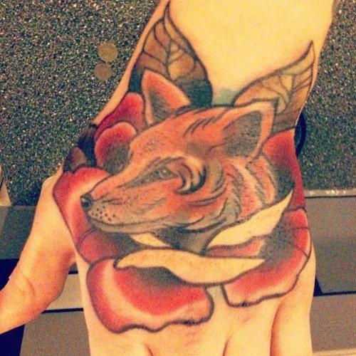 Red Rose Flower And Fox Head Tattoo On Left Hand