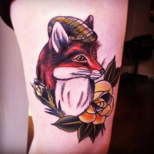 Yellow Rose And Fox Tattoo On Left Bicep