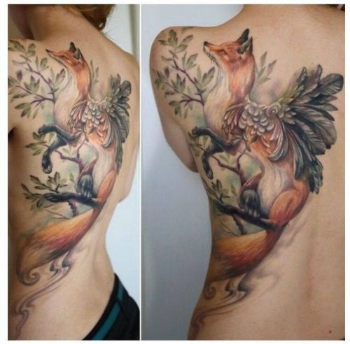 Girl Back Body Fox Tattoo For GIrls