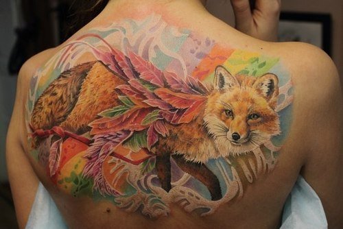 Colored Fox Tattoo On Back Body