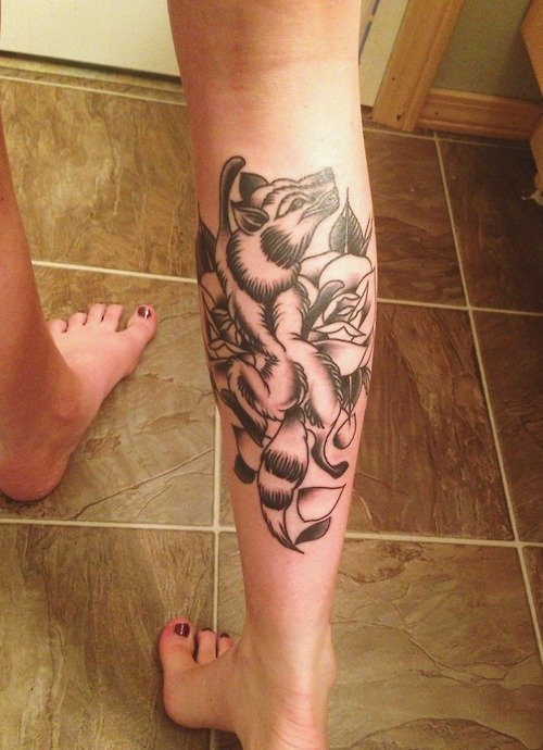 Grey Ink Rose and Fox Tattoo On Right Back Leg