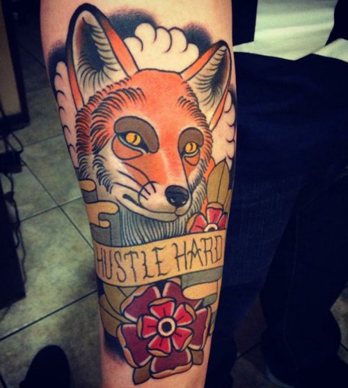 Banner And Fox Head Tattoo On Sleeve