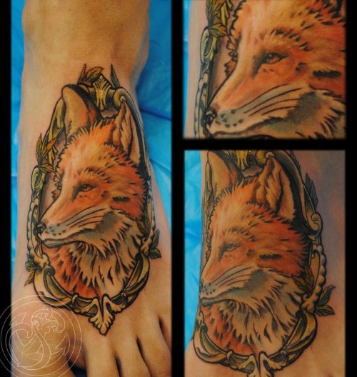 Fox Head Tattoo On Left Foot