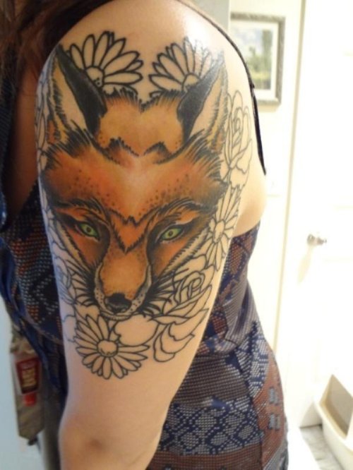 Fox Head Tattoo On Girl Left Half Sleeve