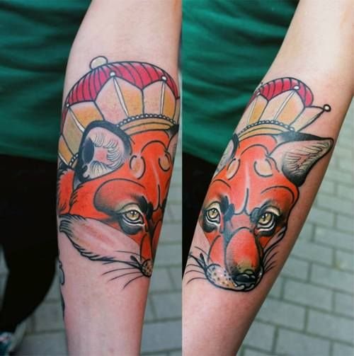 Colored Fox Head Tattoo On Sleeve
