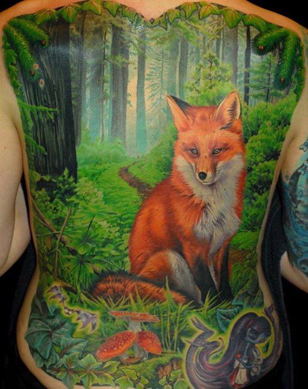 3D Fox In Forest Tattoo On Full Back