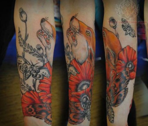 Pink Flower And Fox Tattoo On Arm
