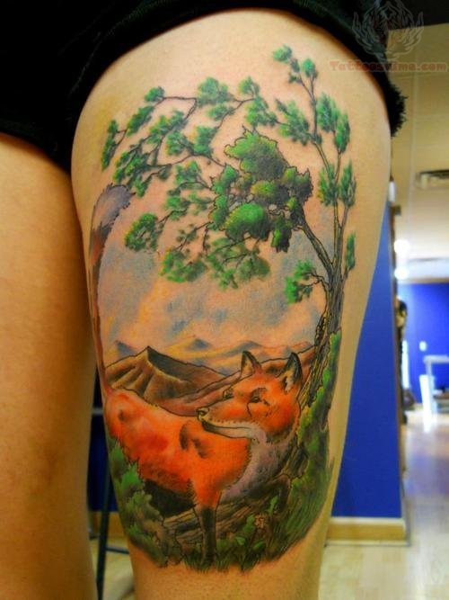 Green Tree And Fox Tattoo