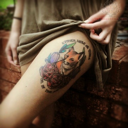 Color Fox and Red Roses Tattoos On Thigh