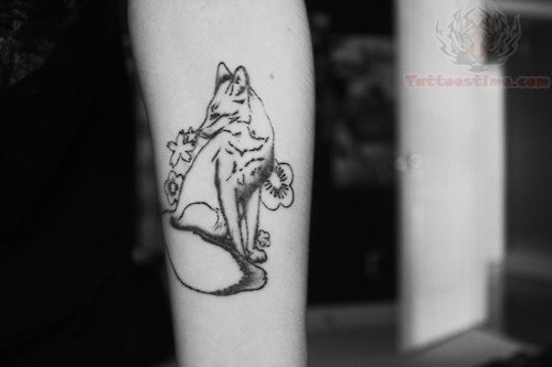 Grey Ink Flowers And Fox Tattoo