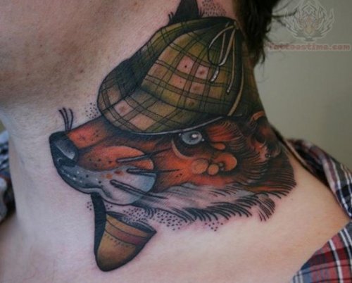 Fox With Pipe Tattoo On Neck